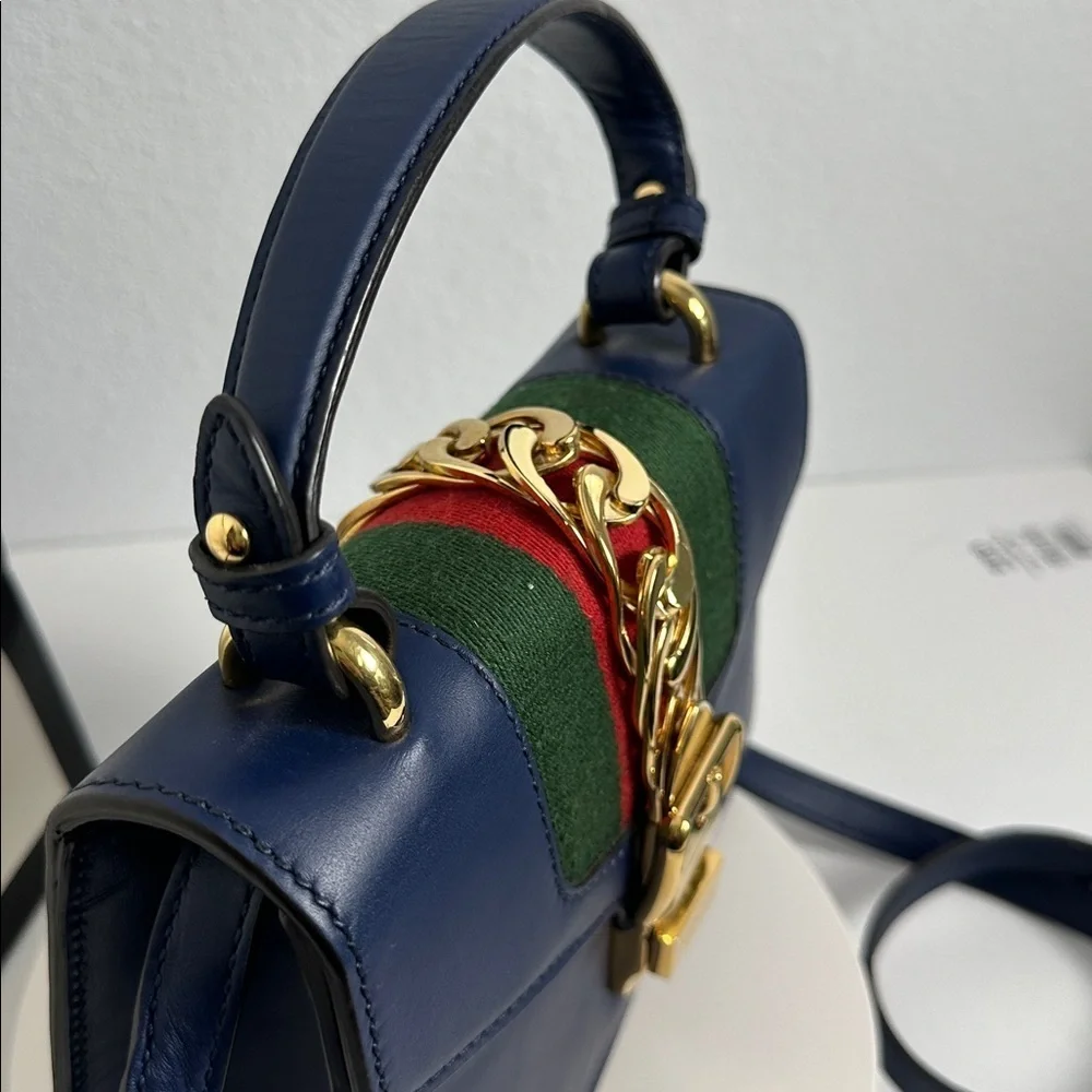 💯Authentic Gucci Navy Blue Sylvie Mini Top Handle Bag in leather 🍀 - Picture 14 of 17
